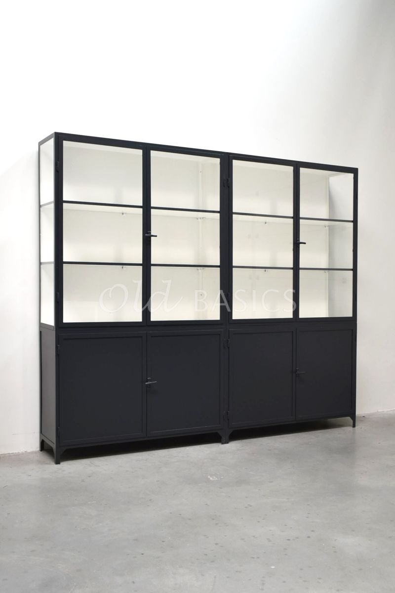 Apothekerskast Demi, 4 deuren, RAL7021, grijs, zwart, materiaal staal